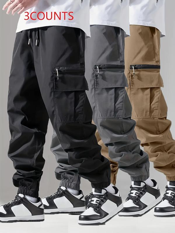 Men's Solid Zipper Pocket Cargo Pants, Regular Fit Casual Fashion Drawstring Waist Jogger Trousers for Daily Wear, Men's Bottoms for All Seasons