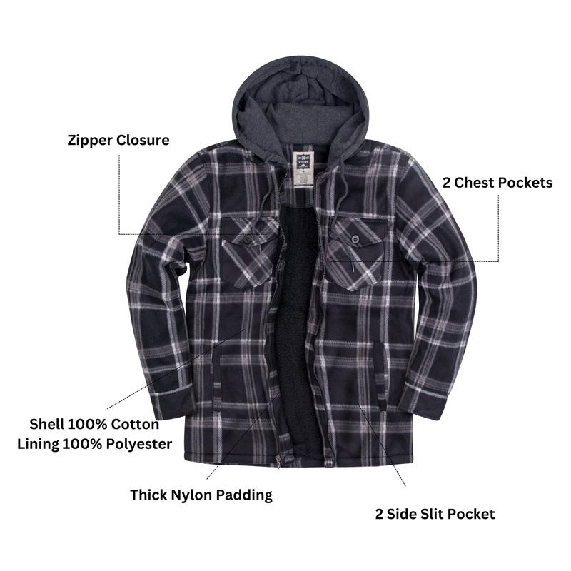 Mens Flannel Jacket Fleece Zip Up With Hood Big and Tall Hoodie Plaid