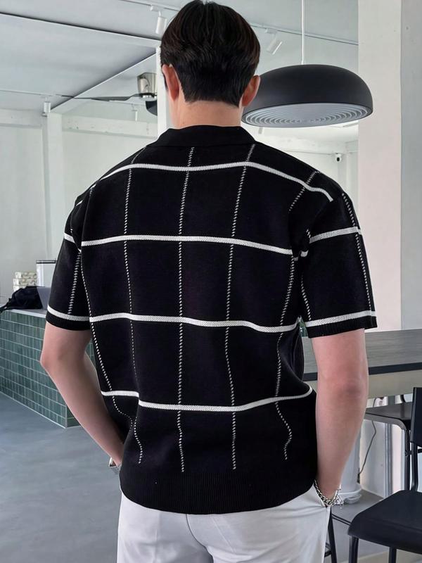 Men's Plaid Print Short Sleeve Knit Top, Regular Fit Casual Fashion Comfy Collared Knitwear for Summer, Fashion Men's Knit Clothing for Daily Wear