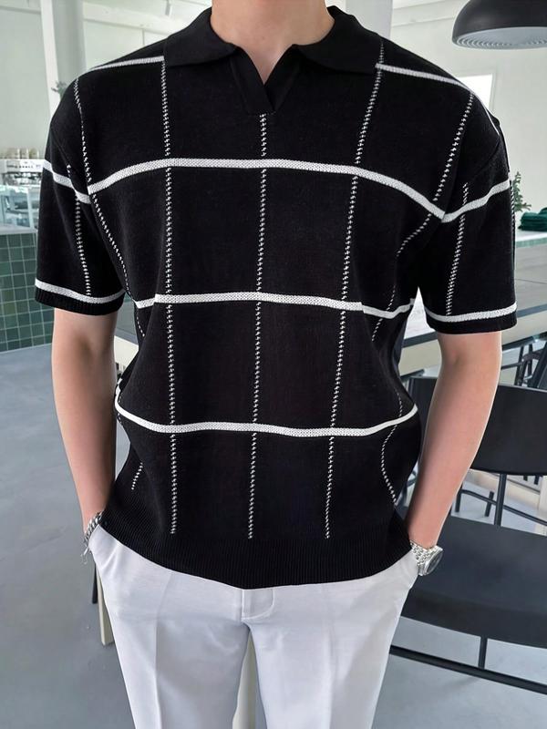 Men's Plaid Print Short Sleeve Knit Top, Regular Fit Casual Fashion Comfy Collared Knitwear for Summer, Fashion Men's Knit Clothing for Daily Wear