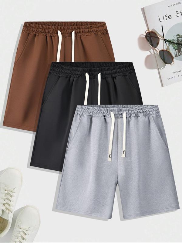 Men's 3pcs Solid Drawstring Waist Shorts, Loose Basic Casual Pocket Shorts for Summer, Men's Bottoms for Daily Wear