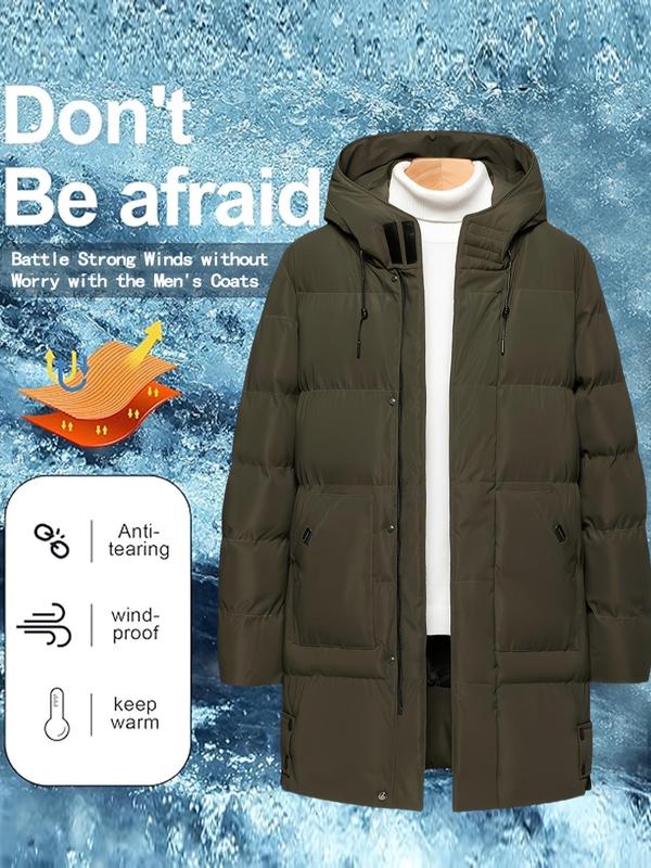 Men's Solid Color Button Front Zipper Hooded Winter Coat, Boy Winter Jacket Regular Fit Casual Windproof Long Sleeve Drawstring Pocket Outerwear for Daily Wear, Men's Fall Clothing, Men's Clothes for Winter