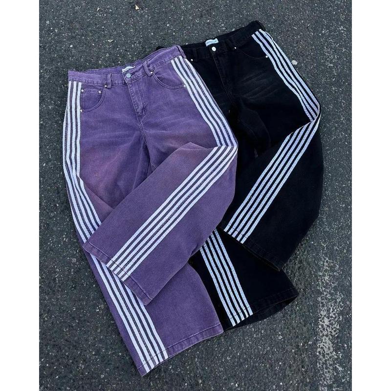 2024 New Trendy Stripe Series Oversized Jeans Women's Y2K Streetwear Hip Hop Loose Harajuku High Waist Wide Leg Pants Men's