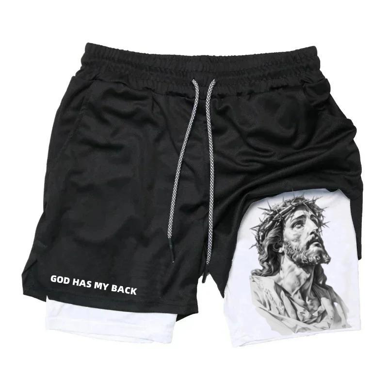 GOD HAS MY BACK Shorts Men's Cross & Letter Print 2 in 1 Drawstring Waist Shorts, Loose Casual Pocket Track Shorts for Summer, Fashion Men's Bottoms for Daily Wear gym wear