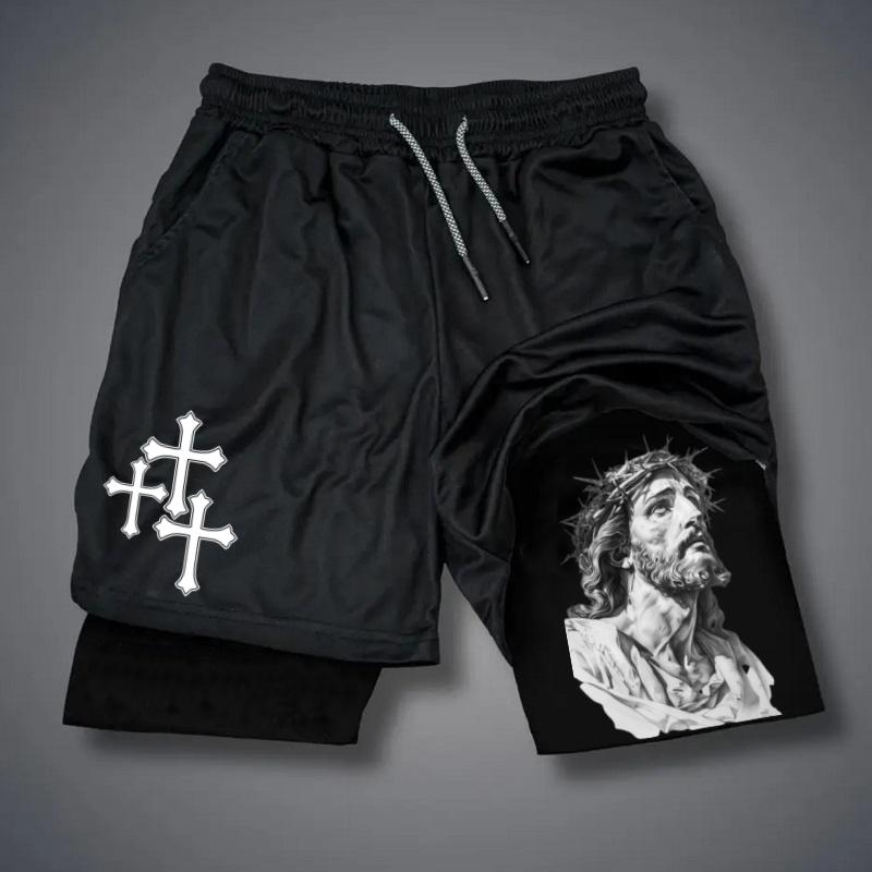 GOD HAS MY BACK Shorts Men's Cross & Letter Print 2 in 1 Drawstring Waist Shorts, Loose Casual Pocket Track Shorts for Summer, Fashion Men's Bottoms for Daily Wear gym wear