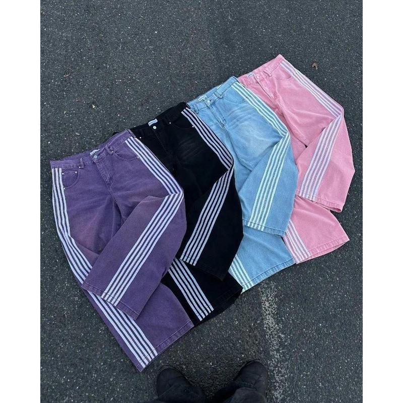 2024 New Trendy Stripe Series Oversized Jeans Women's Y2K Streetwear Hip Hop Loose Harajuku High Waist Wide Leg Pants Men's