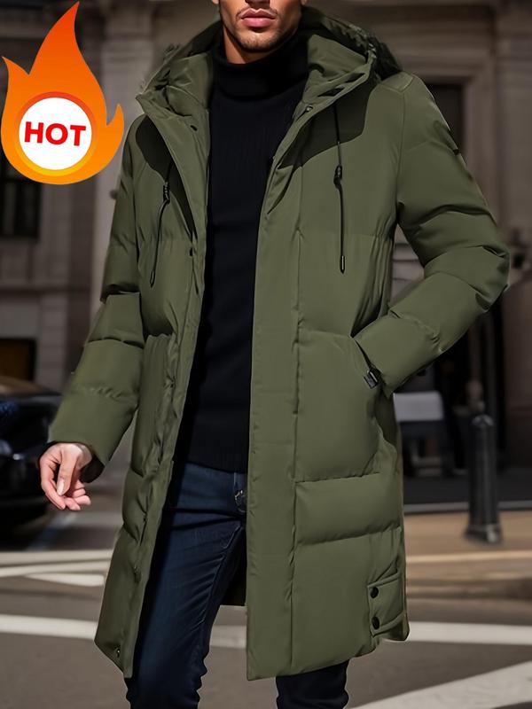 Men's Solid Color Button Front Zipper Hooded Winter Coat, Boy Winter Jacket Regular Fit Casual Windproof Long Sleeve Drawstring Pocket Outerwear for Daily Wear, Men's Fall Clothing, Men's Clothes for Winter