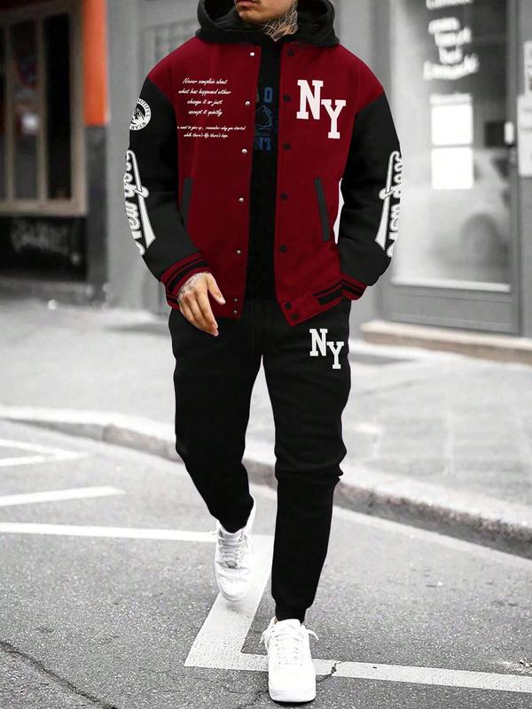 Two-piece Set Men's Colorblock Letter Print Button Front Jacket & Drawstring Waist Sweatpants, Fall Outfits, Regular Fit Casual Long Sleeve Outerwear & Pocket Jogger Pants for Daily Wear, Outfit Sets for Men, Men's Outfits for Fall