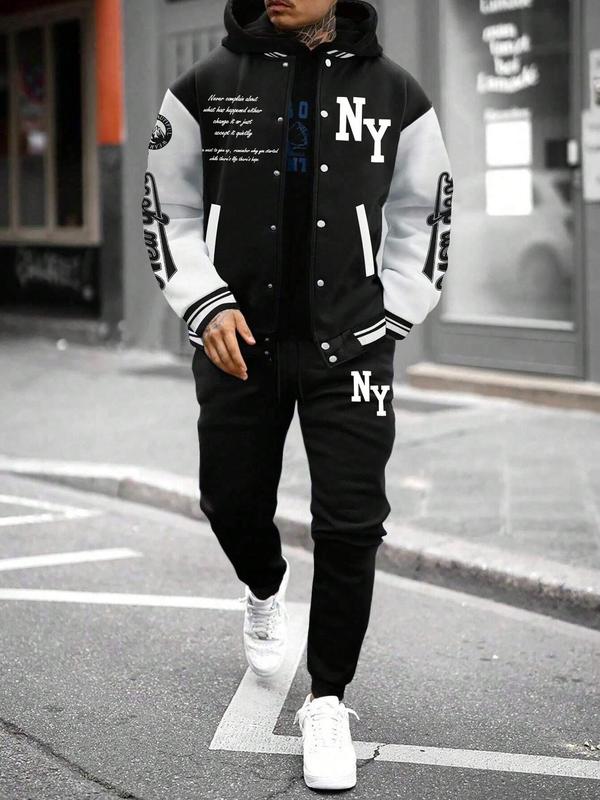 Two-piece Set Men's Colorblock Letter Print Button Front Jacket & Drawstring Waist Sweatpants, Fall Outfits, Regular Fit Casual Long Sleeve Outerwear & Pocket Jogger Pants for Daily Wear, Outfit Sets for Men, Men's Outfits for Fall