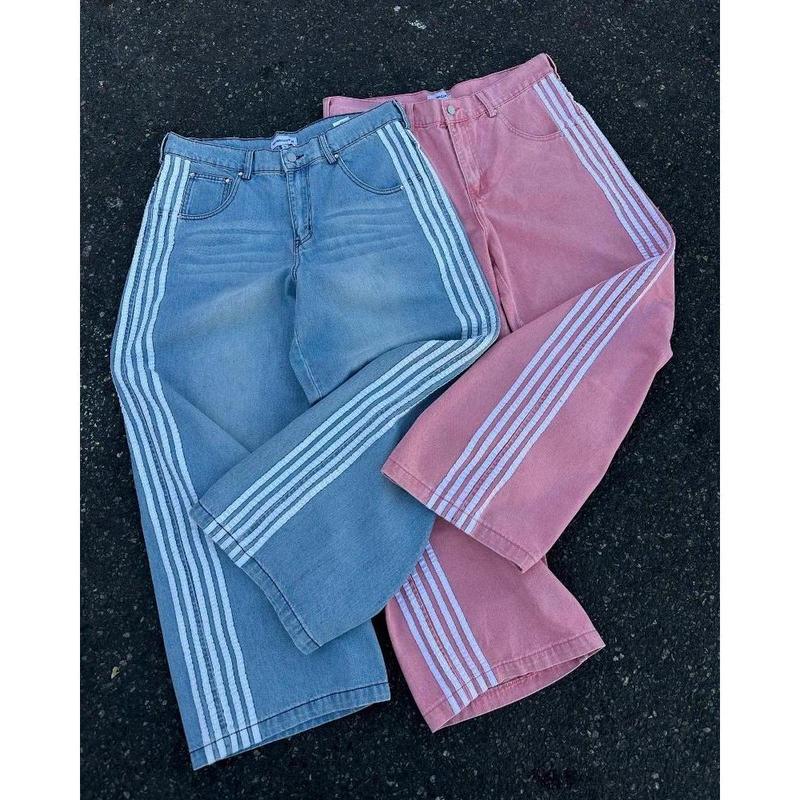 2024 New Trendy Stripe Series Oversized Jeans Women's Y2K Streetwear Hip Hop Loose Harajuku High Waist Wide Leg Pants Men's