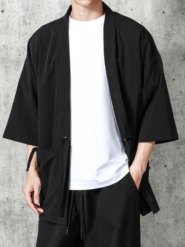 Men's Loose Solid Drop Shoulder Belted Kimono Without Tee, Summer Clothes Casual Pocket Design Top for Daily Outdoor Wear, Men's Clothes for Summer