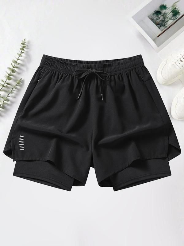 Men's 2 in 1 Drawstring Waist Shorts, Casual Zipper Pocket Shorts for Summer, Men's Bottoms for Daily Wear