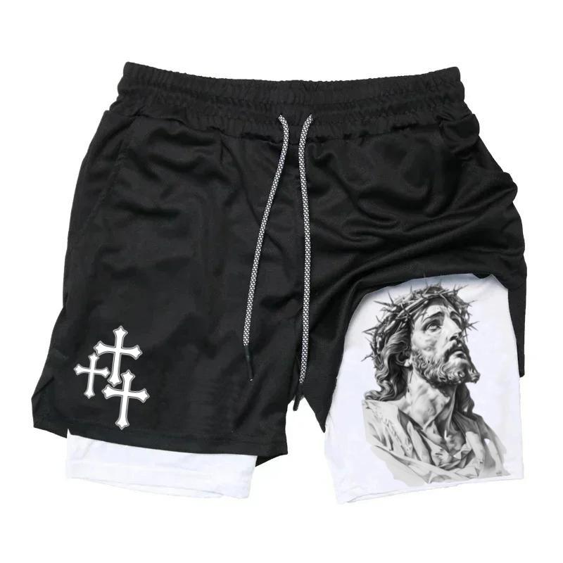 GOD HAS MY BACK Shorts Men's Cross & Letter Print 2 in 1 Drawstring Waist Shorts, Loose Casual Pocket Track Shorts for Summer, Fashion Men's Bottoms for Daily Wear gym wear