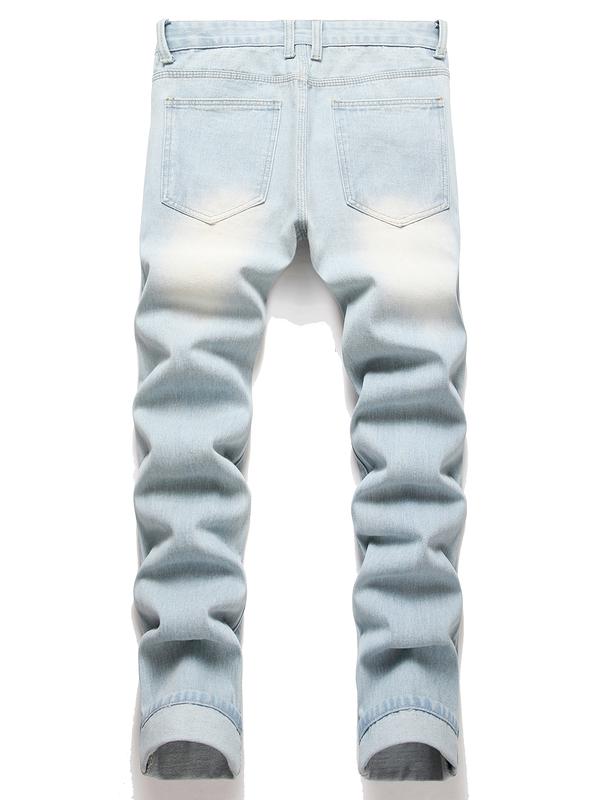 Men's Distressed Bleach Wash Jeans - Fashionable Ripped & Frayed Edges, Slim-Fit Cotton Denim Menswear Aesthetics Athletic