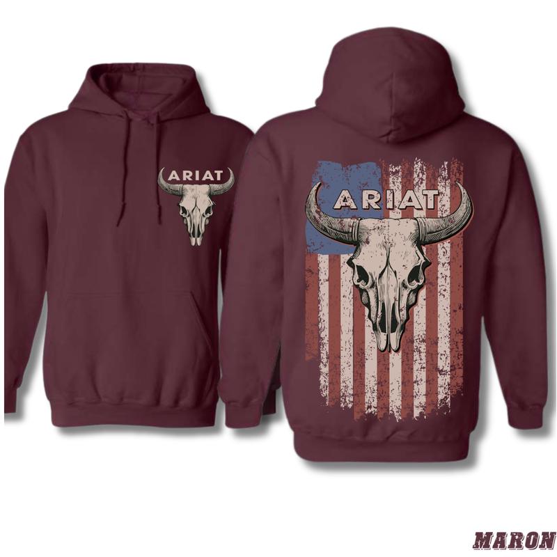 Patriotic Ariat Hoodie - Iconic Bull Skull with Vintage American Flag Design, Ideal for Country and Western Enthusiasts, Unisex Fit