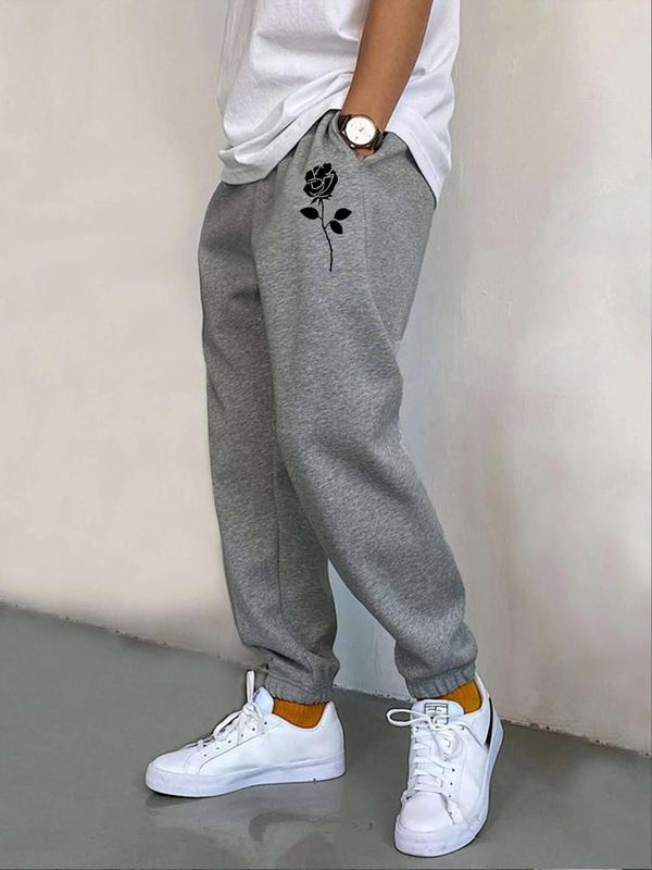 Men's Floral Print Drawstring Sweatpants, Regular Fit Casual Pocket Thickened Sweatpants, Pants for Men, Men's Spring & Fall Trousers