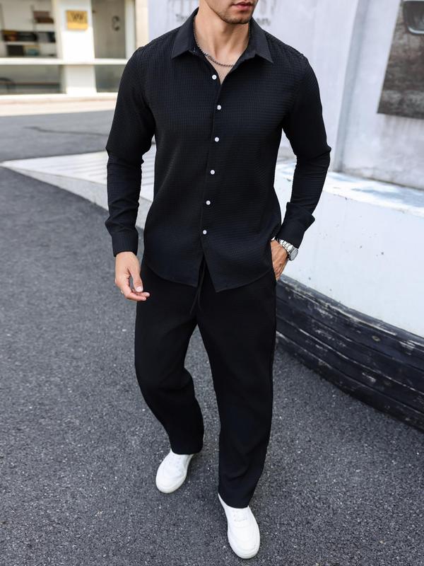 Men's Solid Button Front Shirt & Drawstring Waist Pants Set, Regular Fit Casual Long Sleeve Collared Top & Pocket Trousers, Men's Two-piece Outfits for All Seasons