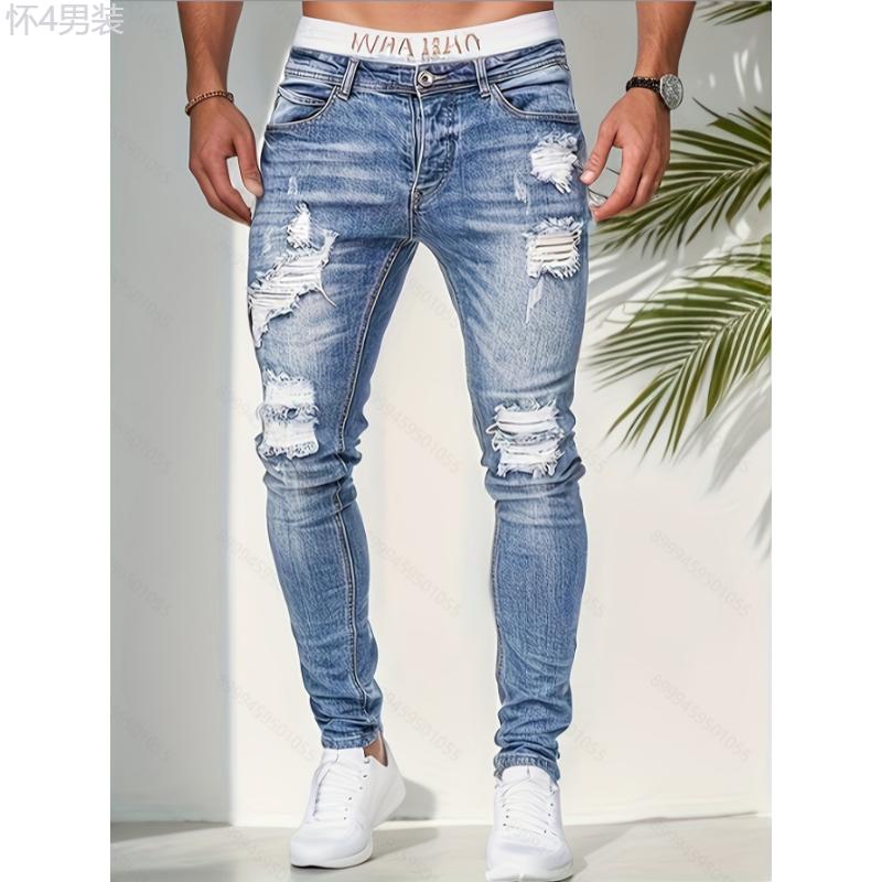 Slim Fit Ripped Jeans, Men's Casual Street Style Distressed Medium Stretch Denim Pants Menswear Spandex