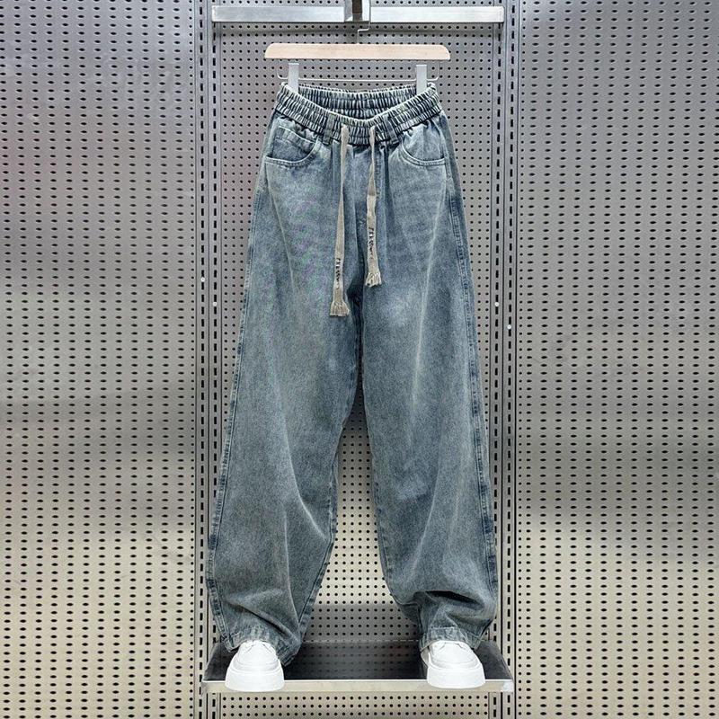 Stylish Men's Wide-Leg Jeans with Drawstring Waistband for All Seasons - Menswear Pants Trouser