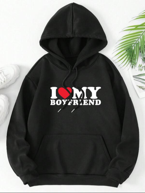 I Love My Boyfriend Monogram Graphic Pullover Casual Menswear Hoodie, Hoodies Trendy, Stylish Streetwear Kangaroo Pocket Long Sleeve Hooded Sweatshirt for Outdoor, Soft Tops for Man