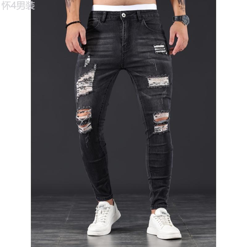 Slim Fit Ripped Jeans, Men's Casual Street Style Distressed Medium Stretch Denim Pants Menswear Spandex