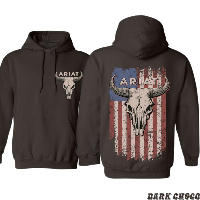 Patriotic Ariat Hoodie - Iconic Bull Skull with Vintage American Flag Design, Ideal for Country and Western Enthusiasts, Unisex Fit