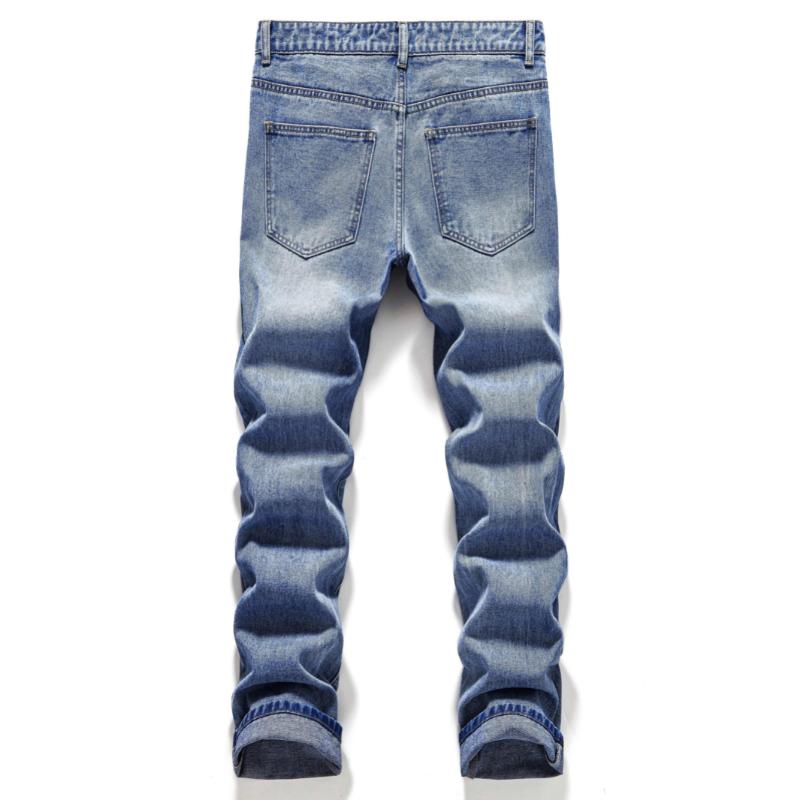 Trendy Mens Straight Leg Ripped Denim Jeans - Fashionable & Distressed Cotton Blend Pants for Spring Summer Street Style Menswear Polyester