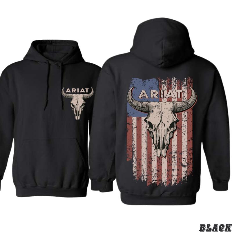 Patriotic Ariat Hoodie - Iconic Bull Skull with Vintage American Flag Design, Ideal for Country and Western Enthusiasts, Unisex Fit