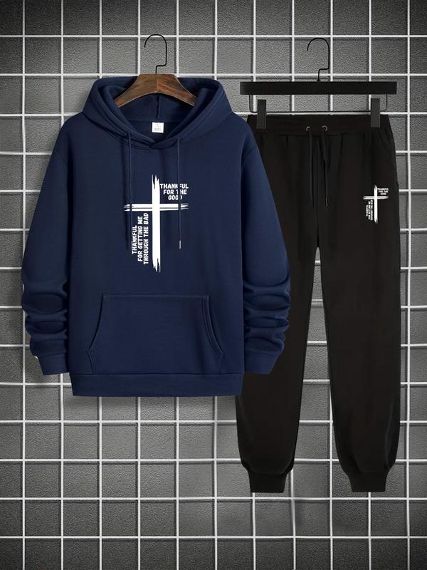 Men's Cross Print Pocket Hoodie & Drawstring Waist Sweatpants Set, Casual Long Sleeve Hooded Top & Jogger Pants, Men's Fall & Winter Clothes