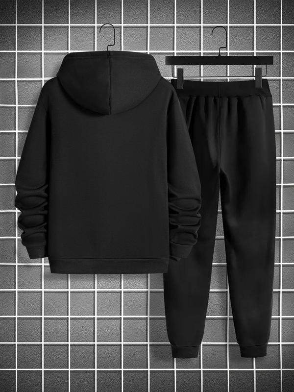 Men's Cross Print Pocket Hoodie & Drawstring Waist Sweatpants Set, Casual Long Sleeve Hooded Top & Jogger Pants, Men's Fall & Winter Clothes