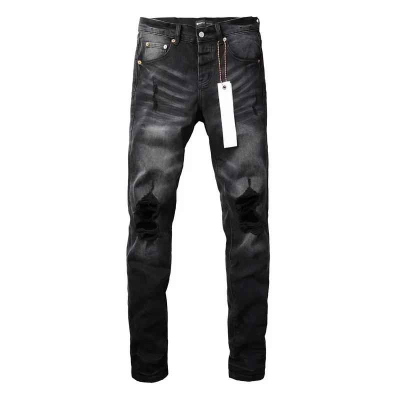 2024 Purples Jeans Men Fashion brand high quality High Street Black Hole Repair Low Rise Skinny Denim pants