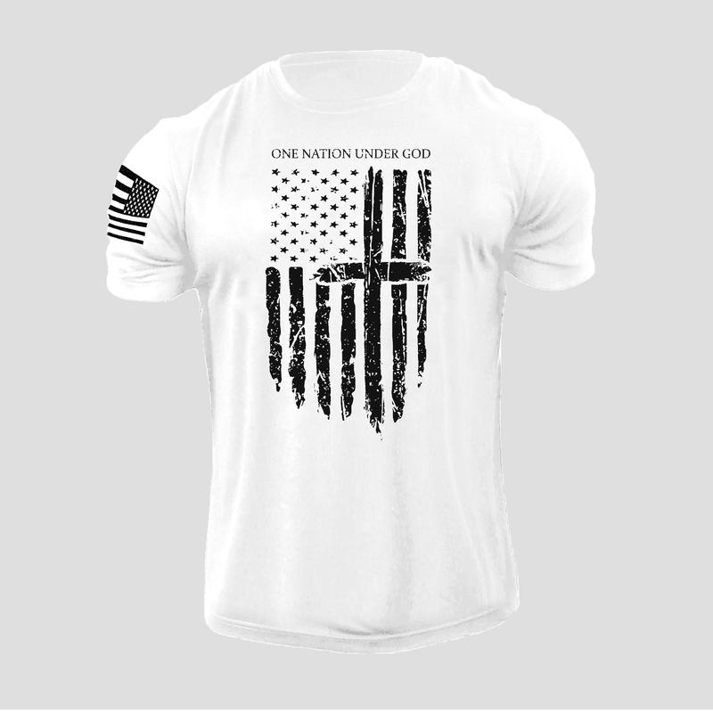 Men's One Nation Under God USA Flag T-shirt American Patriotic 100% Cotton Graphic Tee Casual Crewneck Fabric Menswear