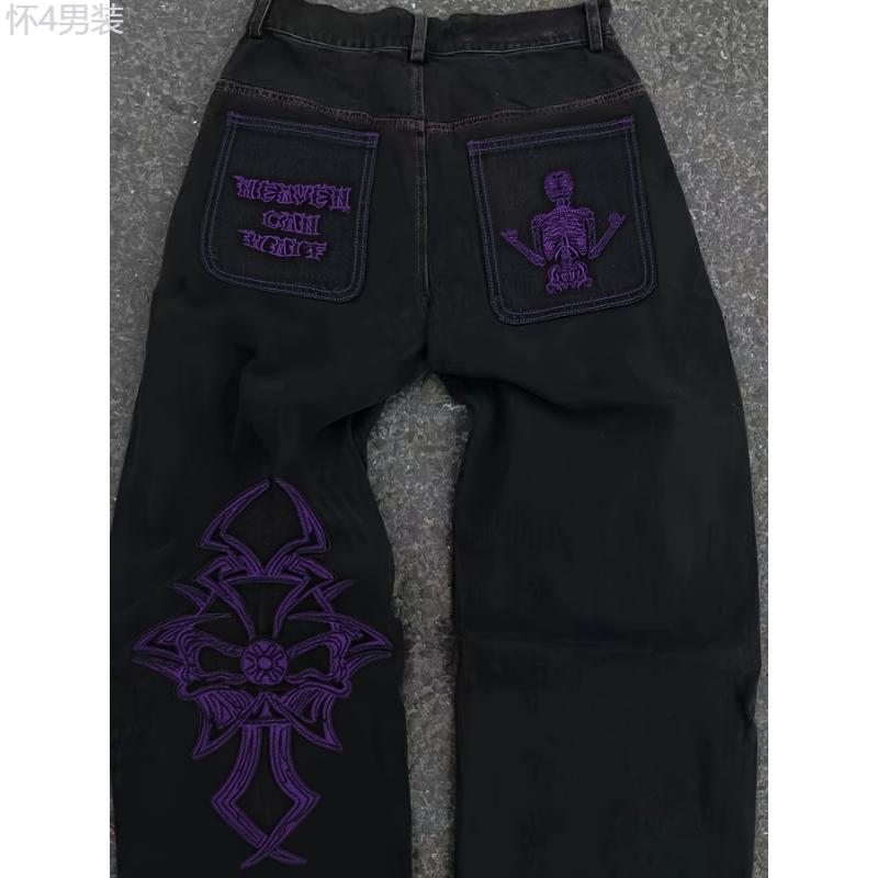 Men's Casual Skeleton Embroidery Halloween Y2k Street Style Denim Jeans Menswear Polyester Trouser Streetwear