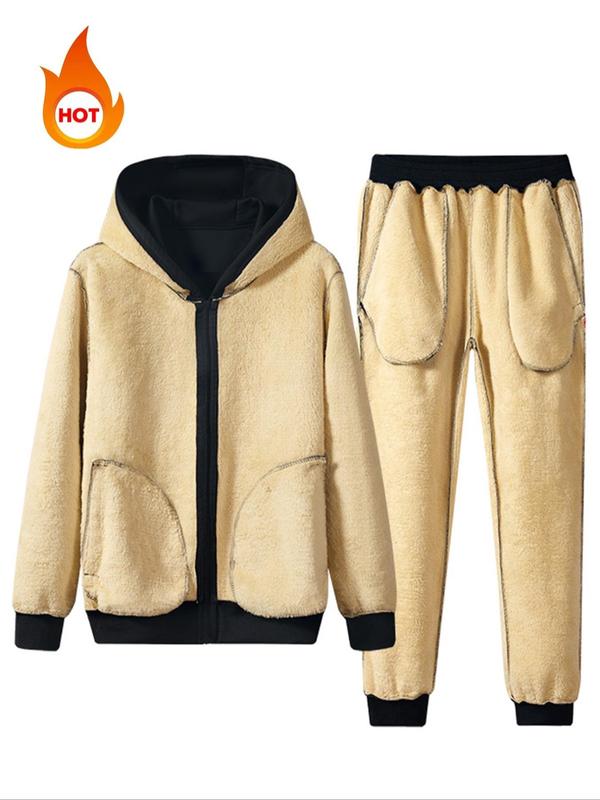 Men's Solid Zip Up Hoodie & Drawstring Waist Sweatpants Two-piece Set, Casual Regular Fit Long Sleeve Hooded Sweatshirt & Jogger Pants for Fall & Winter, Men's Two-piece Outfits for Daily Wear