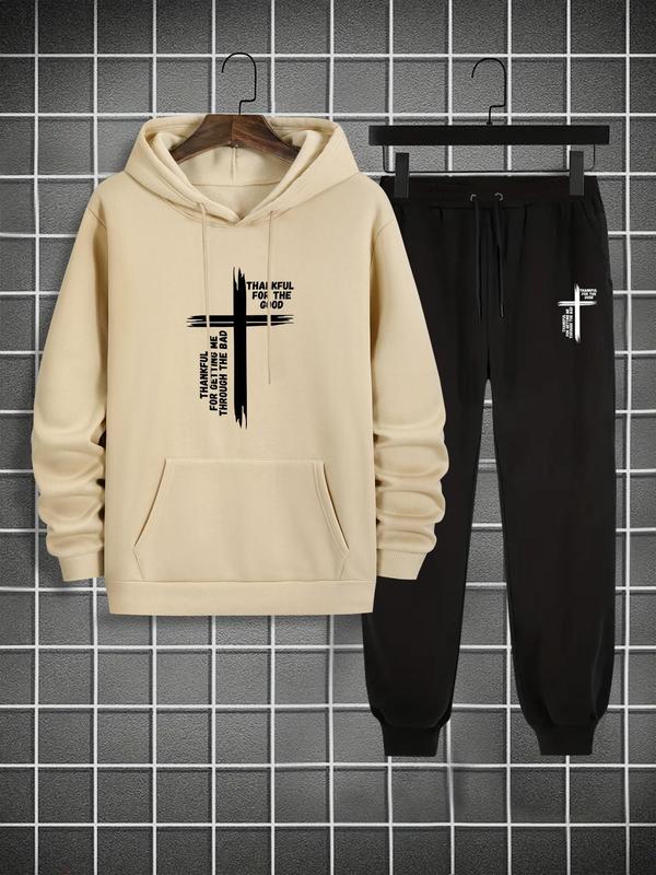 Men's Cross Print Pocket Hoodie & Drawstring Waist Sweatpants Set, Casual Long Sleeve Hooded Top & Jogger Pants, Men's Fall & Winter Clothes