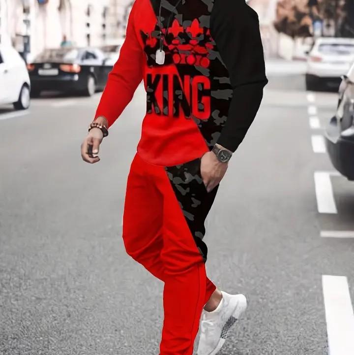 KING Crown Print Men's Color Block Sweatshirt and Sweatpants Set for Autumn Winter - Menswear, Customized unisex hoodie