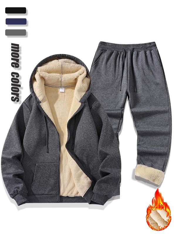 Men's Solid Thermal Lined  Zip Up Hooded Jacket & Drawstring Waist Pants Two-piece Set, Casual Regular Fit Long Sleeve Hooded Outerwear & Pocket Trousers for Fall & Winter, Men's Two-piece Outfits for Daily Wear