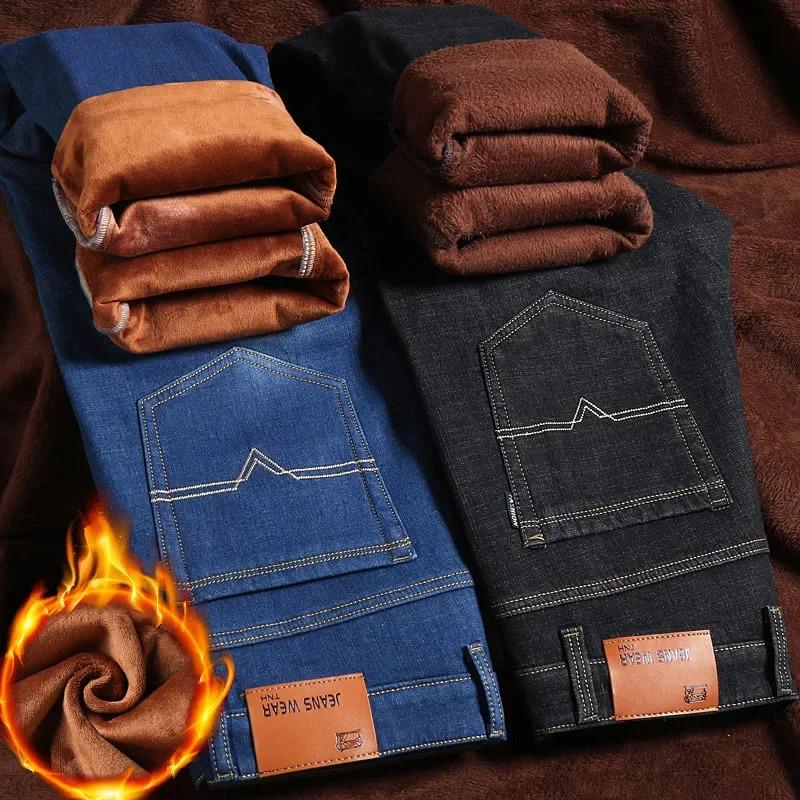 2024 Winter New Casual Men's Warm Fleece Jeans Classic Style Business Thicken Fur Regular Fit Denim Pants Brand Plush Trousers Menswear Matching Underwear Human