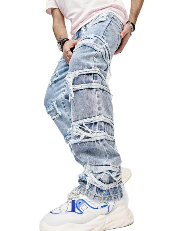 Men's Plain Pocket Button Fly Raw Trim Jeans, Casual Comfy Loose Denim Trousers for Daily Wear, Men's Bottoms for All Seasons