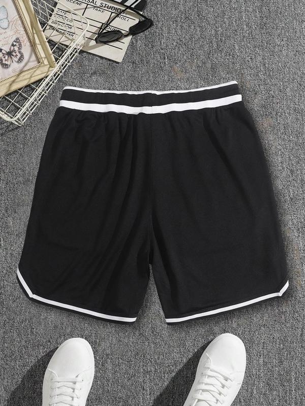 Men's Letter & Number Print Contrast Binding Pocket Shorts, Regular Fit Casual Drawstring Waist Track Shorts, Fashion Men's Streetwear Summer Bottoms