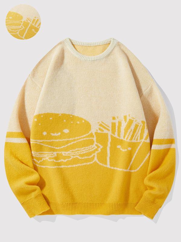 Men's Burger & Fries Print Round Neck Sweater Pullover, Regular Fit Casual Long Sleeve Crew Neck Jumper for Fall & Winter, Fashion Men's Knitwear for Daily Wear