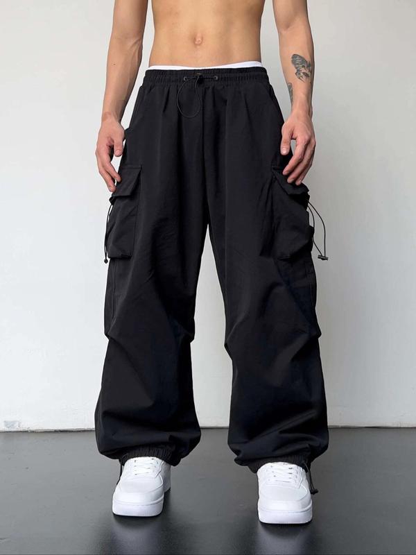 Men's Solid Flap Pocket Drawstring Waist Cargo Pants, Street Fashion Casual Loose Trousers for Daily Wear, Men's Bottoms for All Seasons, 2000s Pants, Mens Pants, Vintage Clothing