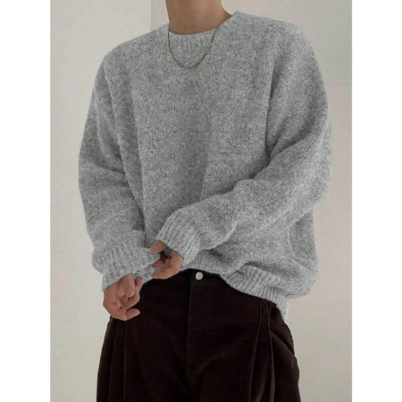 Casual Men Loose Fit Crew Neck Solid Color Pullover Sweater