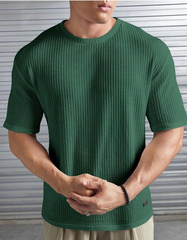 Men Casual Solid Letter Patched Waffle Knit Tee Fabric Menswear Stylish Tops