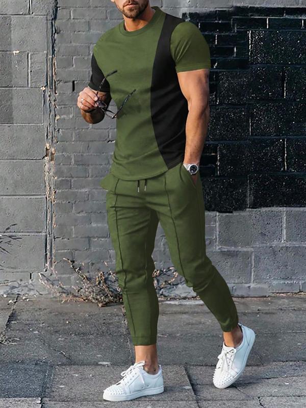 Two Pieces Men's Colorblock Patchwork Tee & Plain Sweatpants Set, Regular Fit Short Sleeve T-shirt & Drawstring Waist Pocket Jogger Pants, Back To School Outfits, Men's Summer Streetwear Outfits