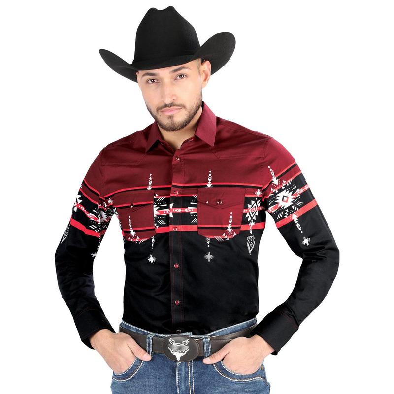 El General - Casual Long Sleeve Shirt - Black Burgundy 44454