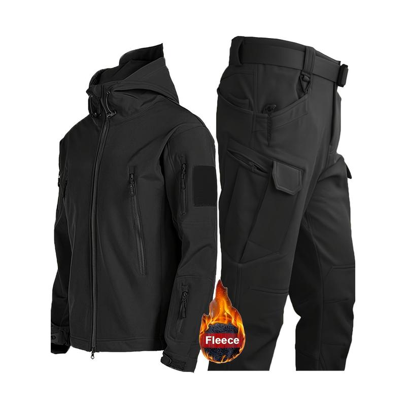 Men'S Shark Skin X7 Outdoor Set, 2pcs Polyester Jacket and Pants, Fleece Lined, Waterproof, Hooded, Multi-Pocket, Casual Sports Training Gear, Regular Fit, for Hiking, Camping, Fishing, Hunting, Climbing, Running, Daily Use