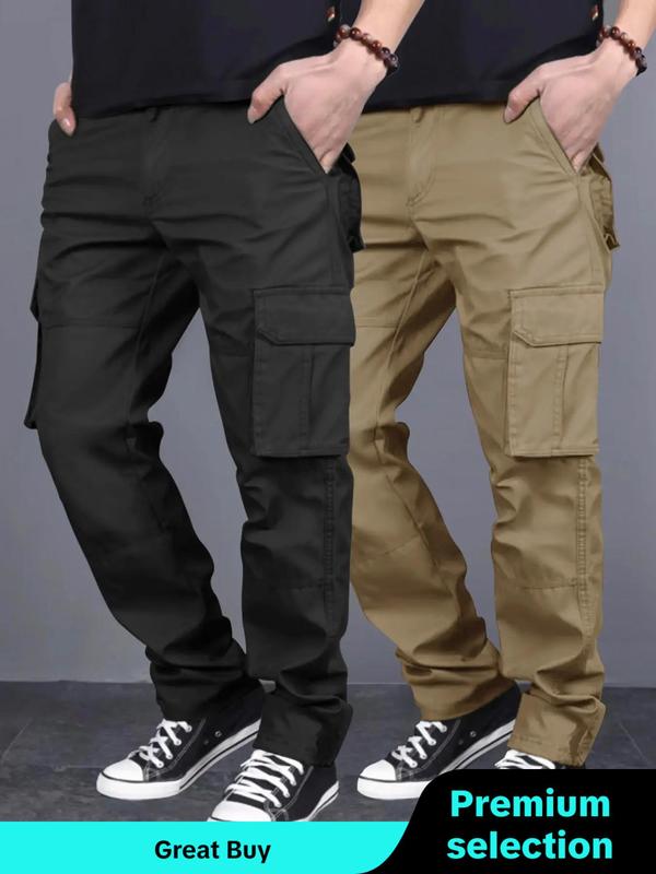 Men's Solid Color Flap Pocket Drawstring Waist Cargo Pants, Loose Casual Street Elastic Waist Straight Leg Trousers for Daily Wear, Menswear for All Seasons, Work Pants for Men, 2000s Pants