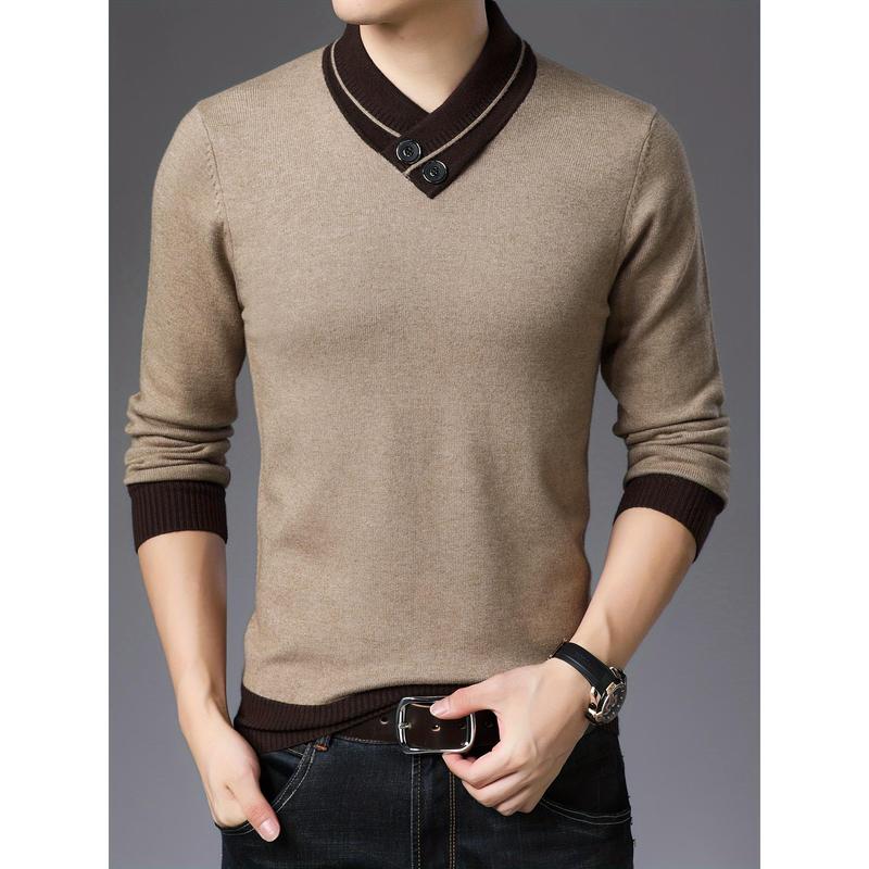 All Match Knitted Slim Sweater, Men's Casual Warm Slightly Stretch Shawl Collar Pullover Sweater For Men Fall Winter Fabric Knitwear