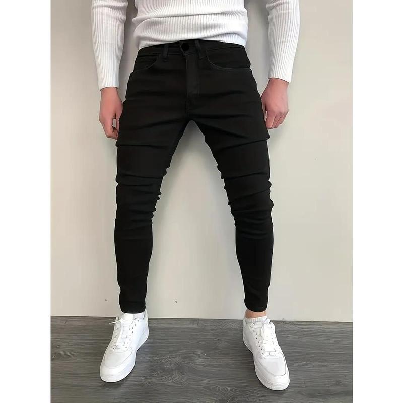 Men Jeans Stretch Skinny Denim Pants Solid Color Black Blue Autumn Summer Luxury Street Harajuku Hip-Hop Style Slim Fit Trousers